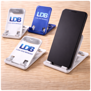 Branded foldable phone stands on wood