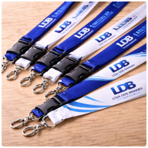 Branded lanyards on wooden surface