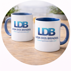 Branded mugs on wooden surface