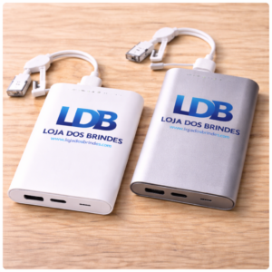 Branded power banks on wooden surface