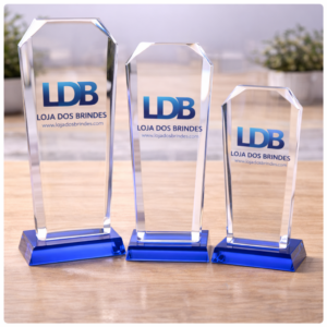 Crystal awards with blue accents