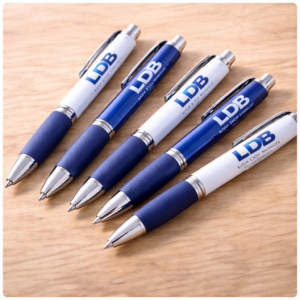 LDB promotional pens on wooden surface