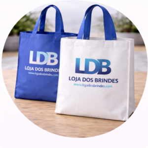 Promotional tote bags on wooden surface